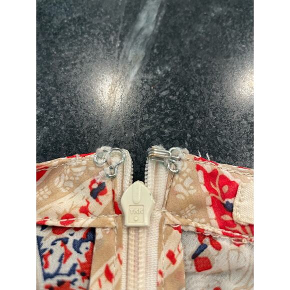 Tulle short sleeved top Medium Tan/Navy/Red colors beautiful tulle insert - Picture 13 of 14